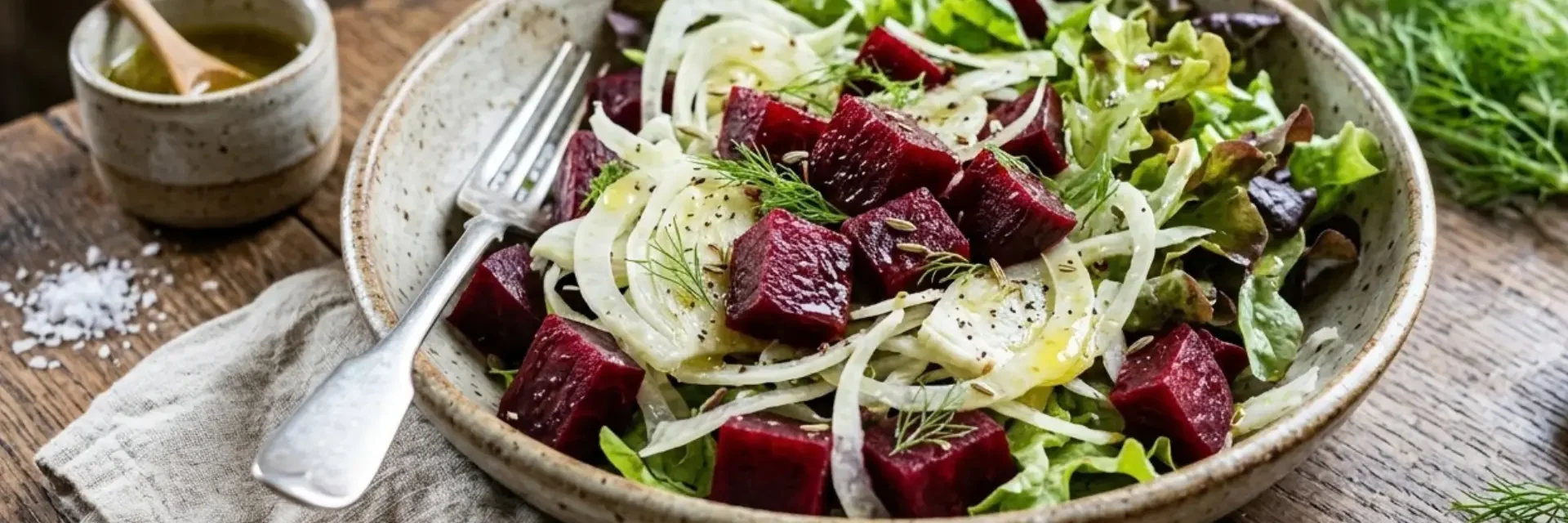 Ensalada de remolacha, hinojo y lechuga con vinagreta de limón
